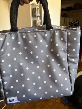 BUILT Gray Polka Dot Lunch Bag with Black Handles